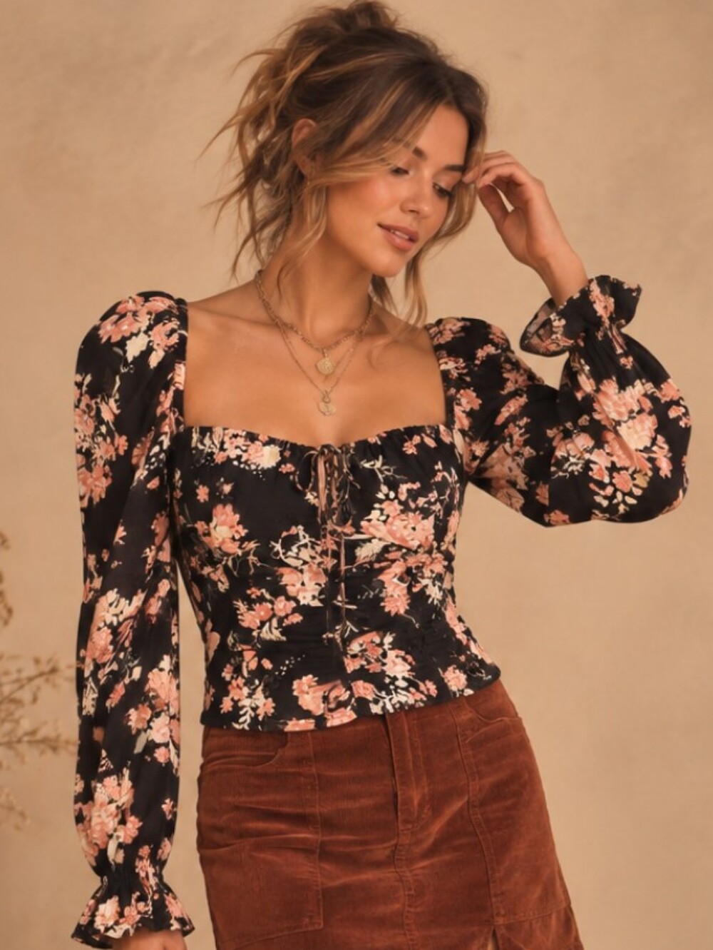 Free People Medium Floral Smocked Back Corset Crop Blouse  Boho Puff Sleeve EUC